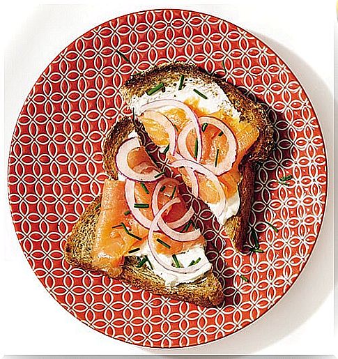 breakfast with bread and salmon